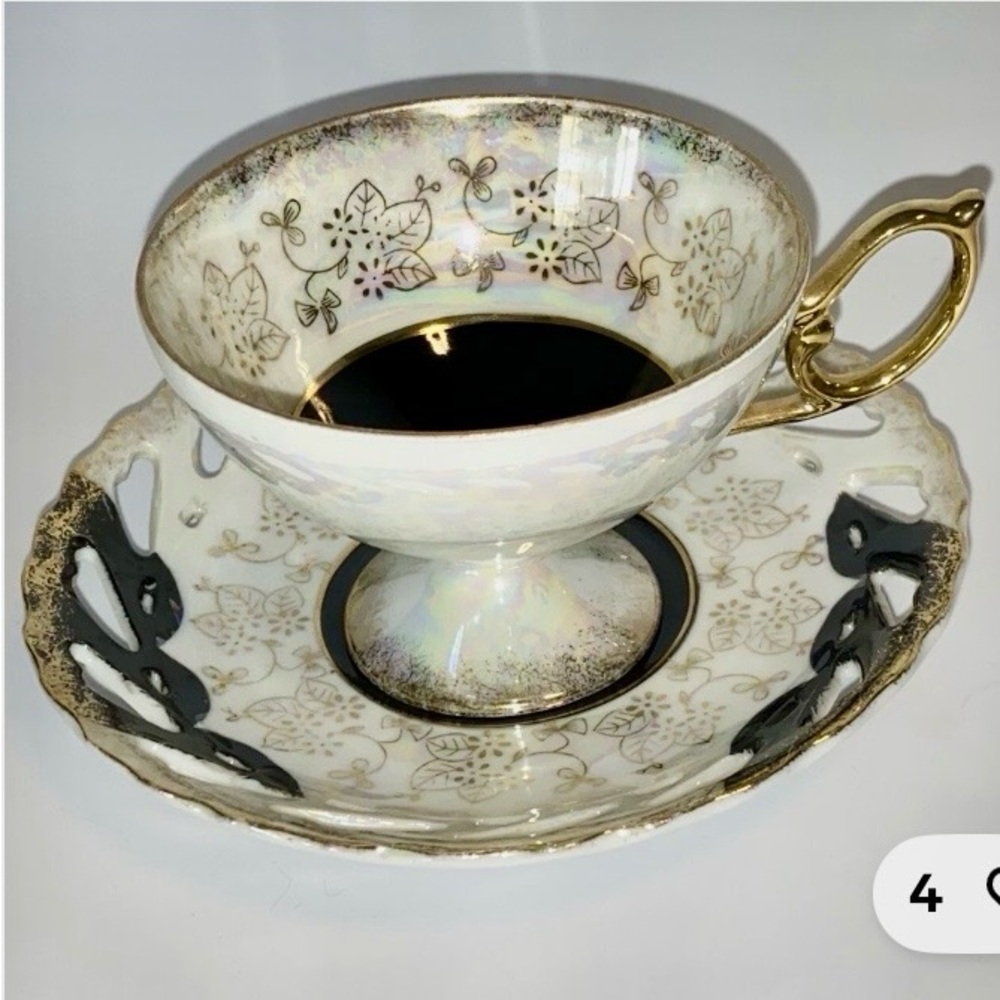 Lefton China Footed Black White Gold Hand Painted Tea Cup & Saucer Lusterware